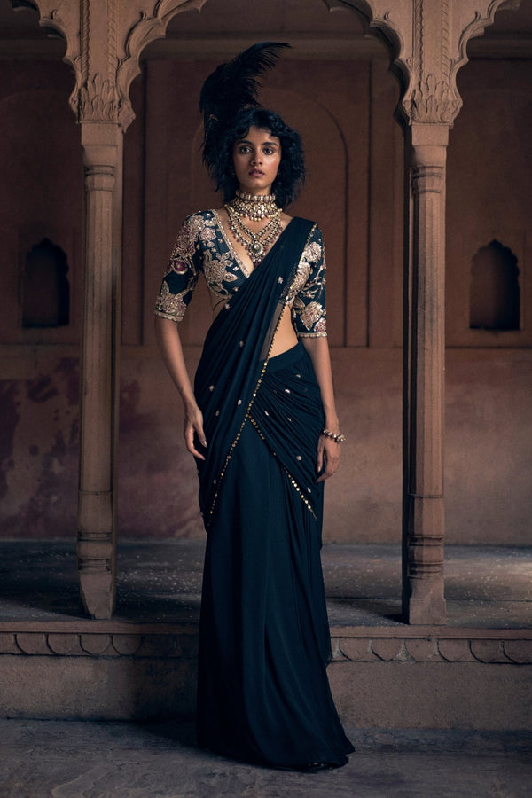 Black pre-draped georgette saree by Paulmi and Harsh