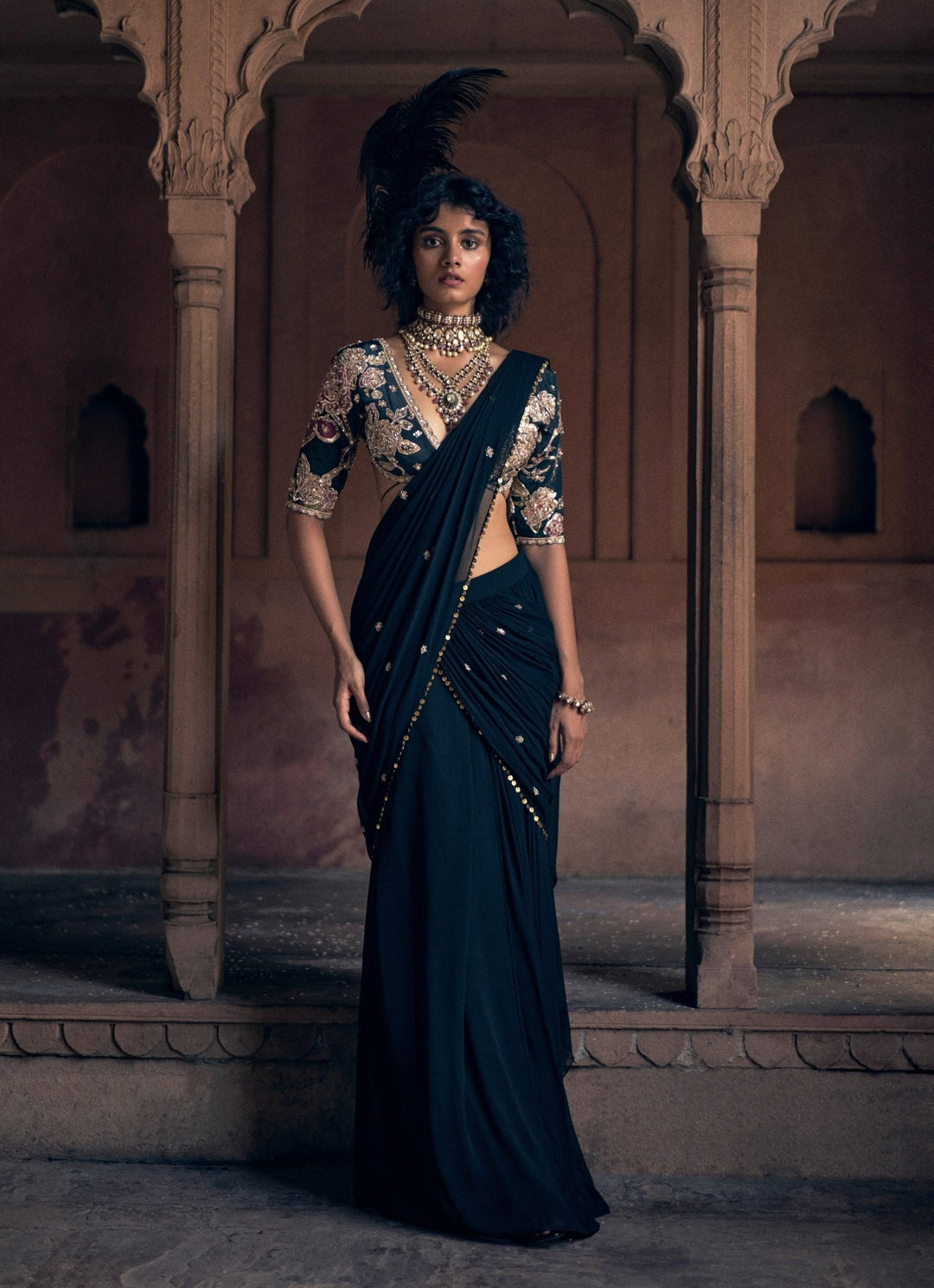 Black Predraped Georgette Saree Paulmi and Harsh - Fabilicious Fashion