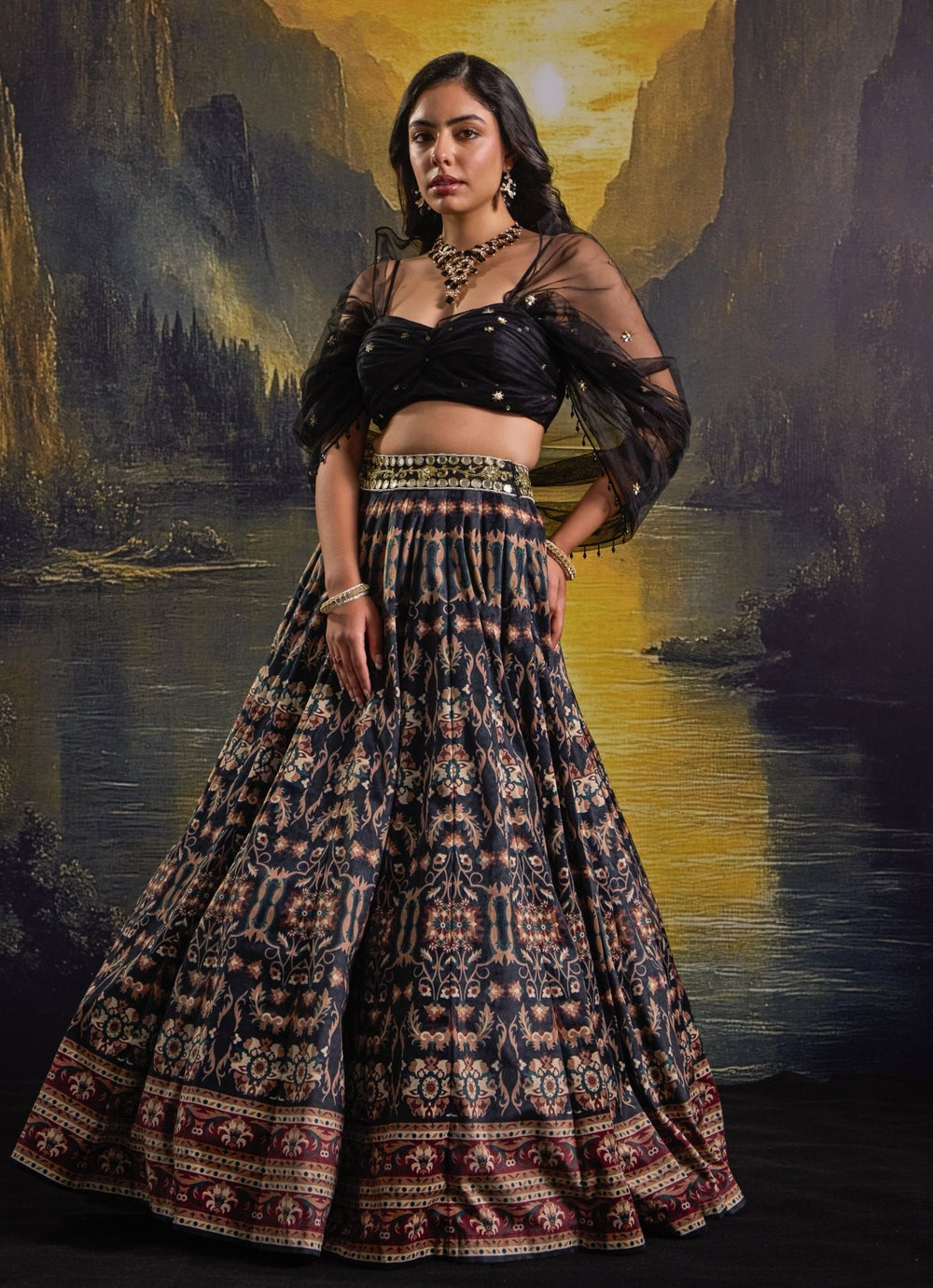 Black Printed And Embroidered Suede Skirt Set Rashika Sharma - Fabilicious Fashion