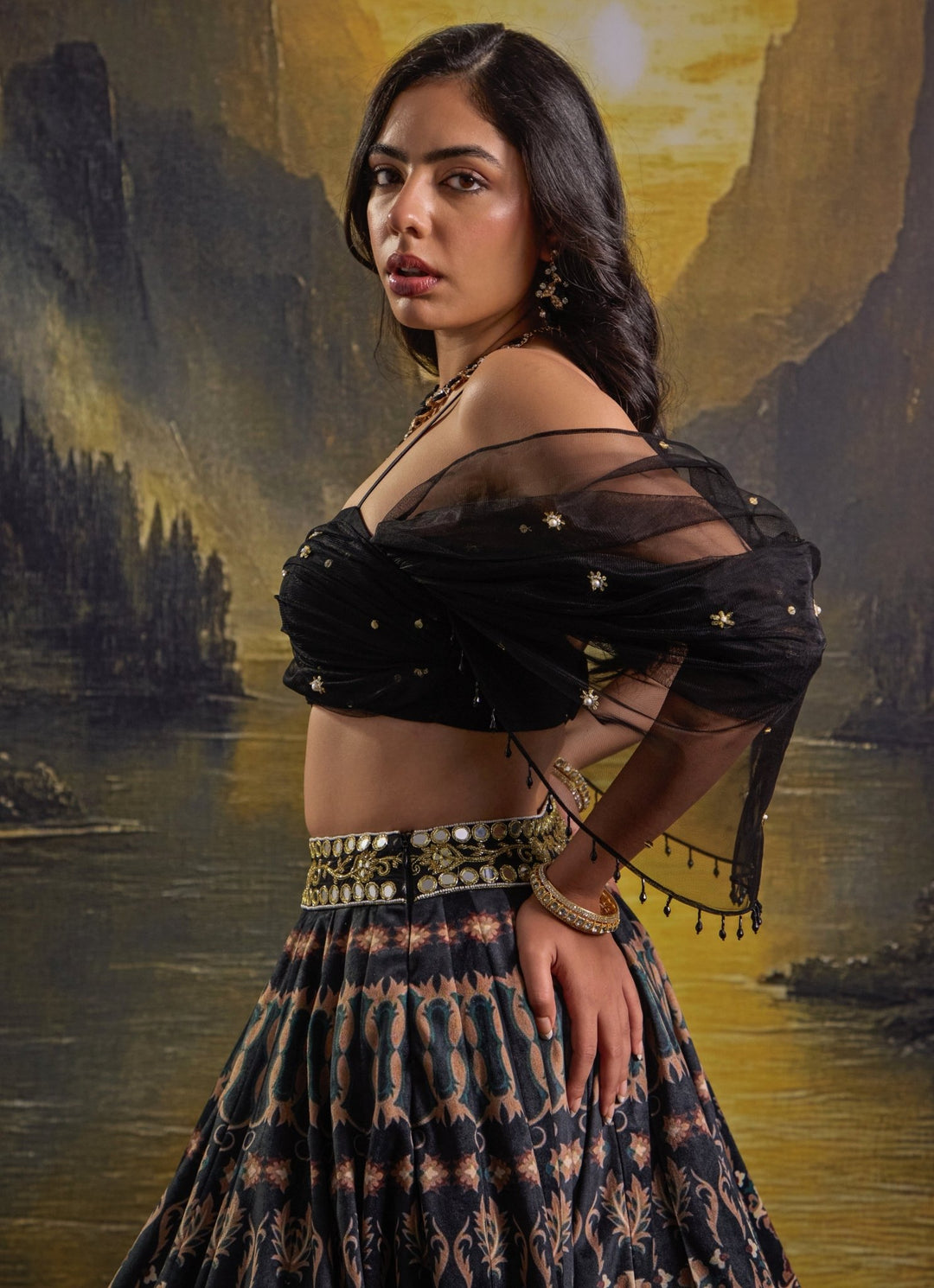 Black Printed And Embroidered Suede Skirt Set Rashika Sharma - Fabilicious Fashion
