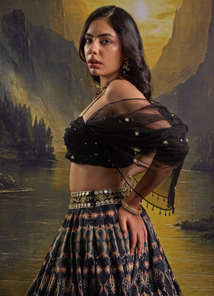 Black Printed And Embroidered Suede Skirt Set Rashika Sharma - Fabilicious Fashion