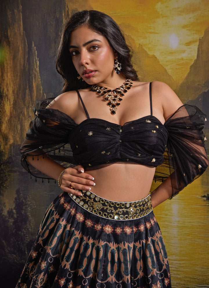 Black Printed And Embroidered Suede Skirt Set Rashika Sharma - Fabilicious Fashion