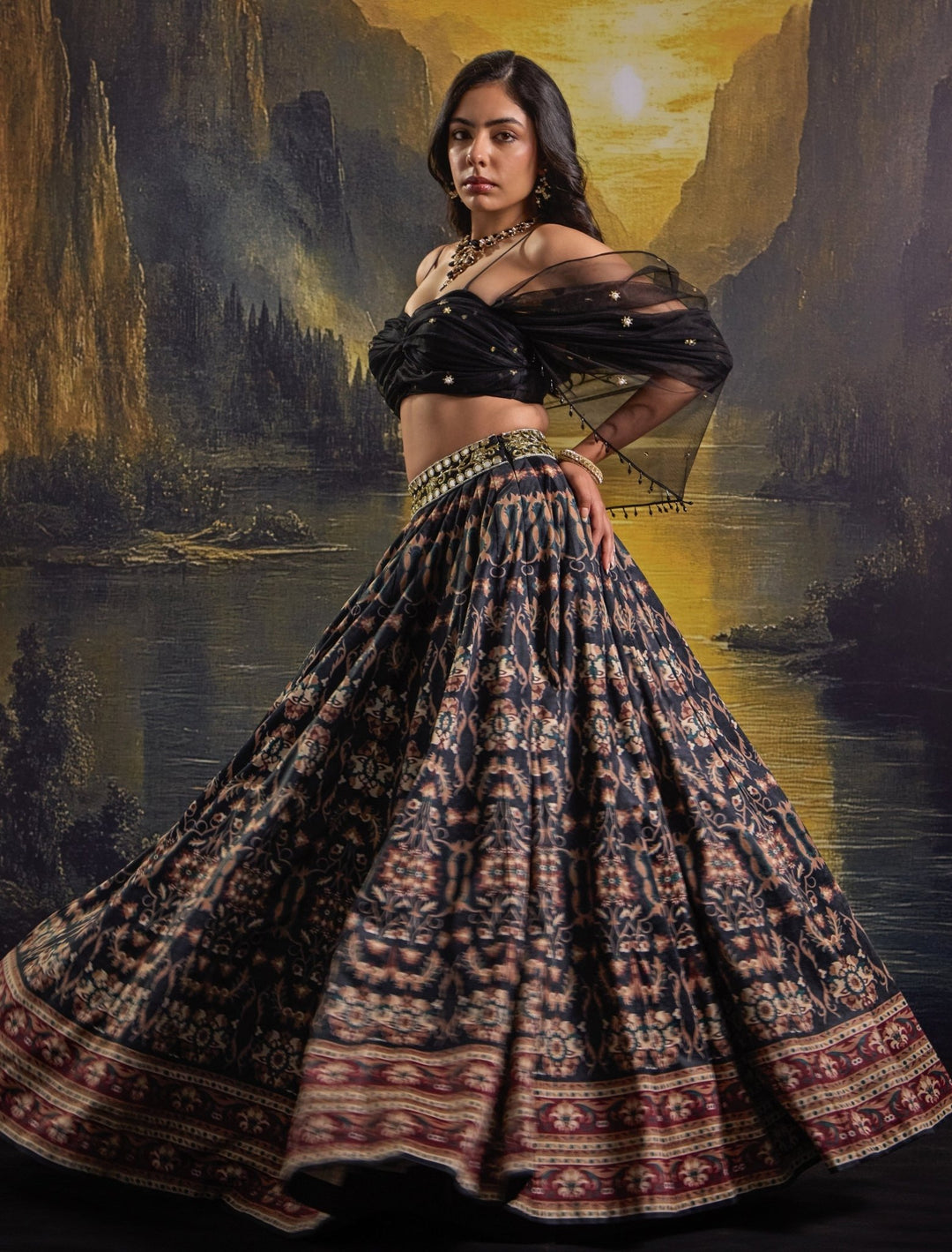 Black Printed And Embroidered Suede Skirt Set Rashika Sharma - Fabilicious Fashion