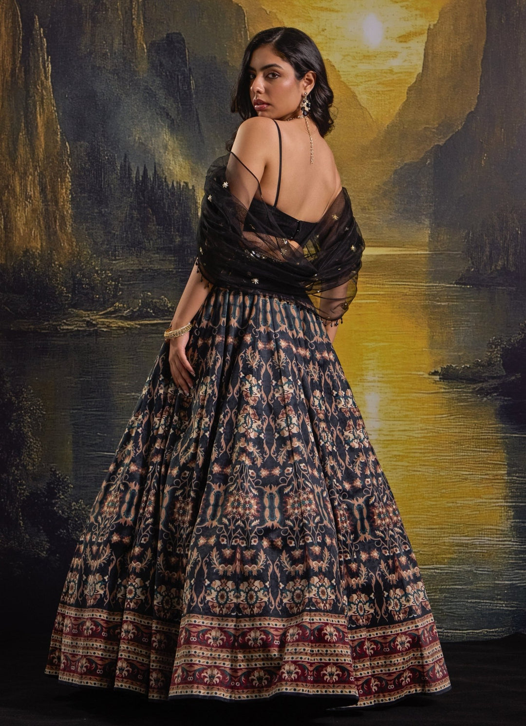 Black Printed And Embroidered Suede Skirt Set Rashika Sharma - Fabilicious Fashion