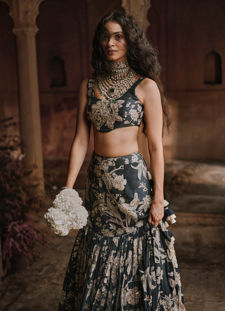 Black Printed Crepe Mermaid Lehenga Set Paulmi and Harsh - Fabilicious Fashion
