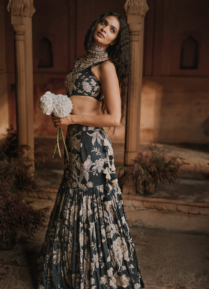 Black Printed Crepe Mermaid Lehenga Set Paulmi and Harsh - Fabilicious Fashion