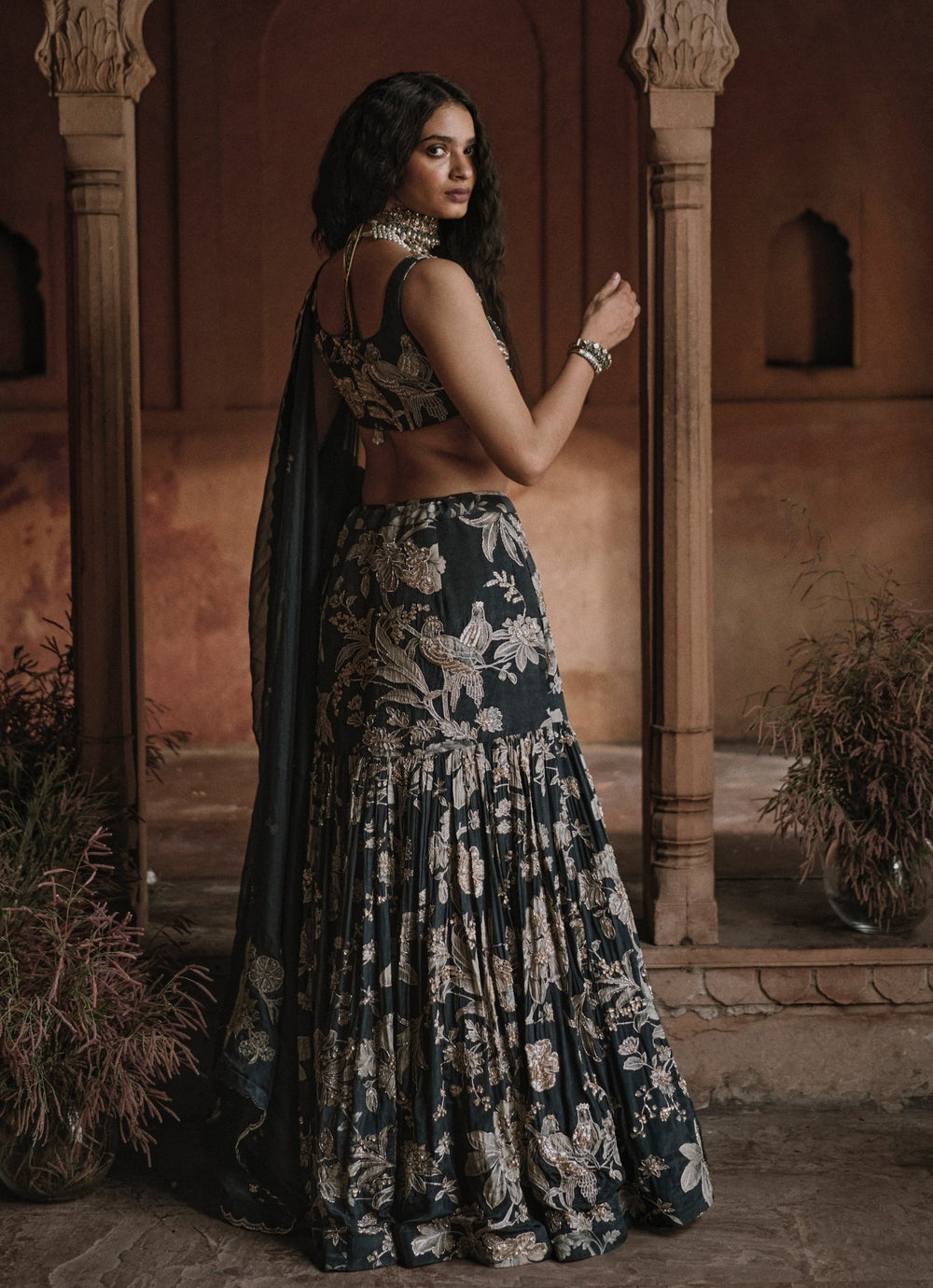Black Printed Crepe Mermaid Lehenga Set Paulmi and Harsh - Fabilicious Fashion