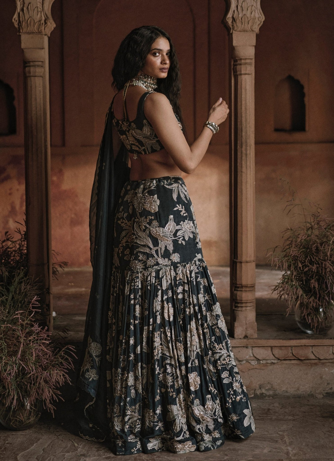 Black Printed Crepe Mermaid Lehenga Set Paulmi and Harsh - Fabilicious Fashion