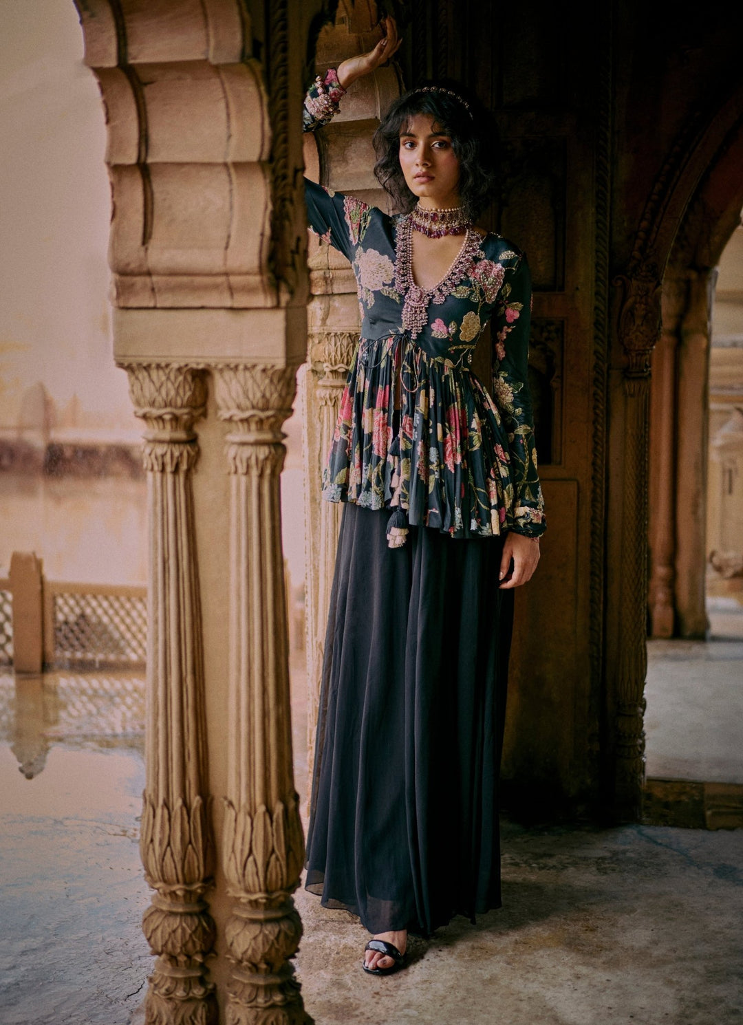 Black Printed Crepe Peplum Kurta Palazzo Set Paulmi and Harsh - Fabilicious Fashion