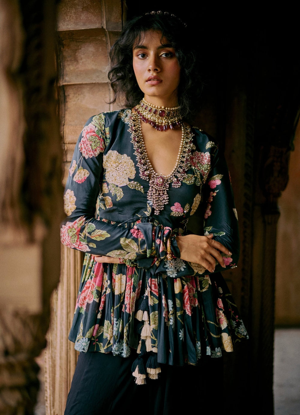 Black Printed Crepe Peplum Kurta Palazzo Set Paulmi and Harsh - Fabilicious Fashion
