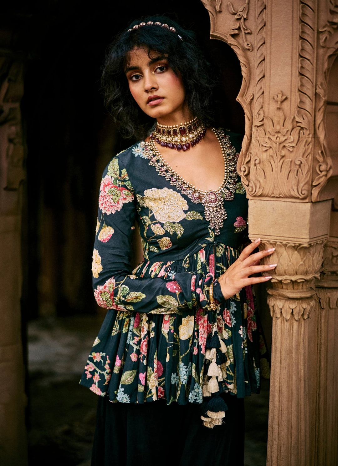 Black Printed Crepe Peplum Kurta Palazzo Set Paulmi and Harsh - Fabilicious Fashion