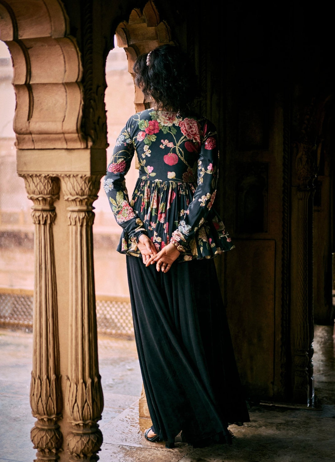 Black Printed Crepe Peplum Kurta Palazzo Set Paulmi and Harsh - Fabilicious Fashion
