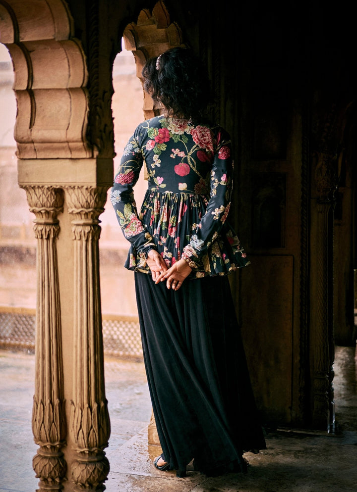 Black Printed Crepe Peplum Kurta Palazzo Set Paulmi and Harsh - Fabilicious Fashion
