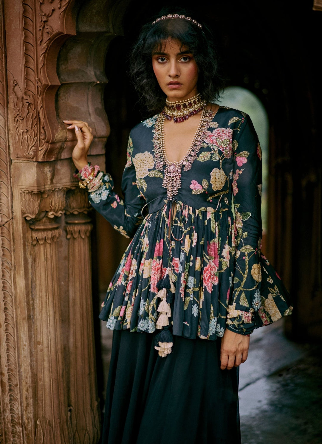 Black Printed Crepe Peplum Kurta Palazzo Set Paulmi and Harsh - Fabilicious Fashion