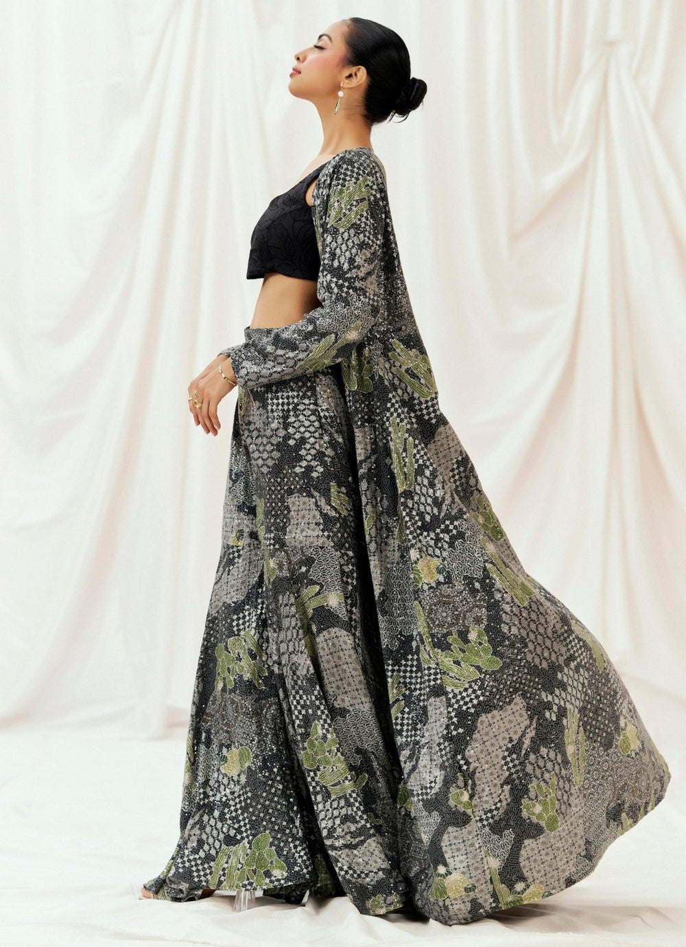 Black Printed Crepe Sharara Set With Jacket Redpine - Fabilicious Fashion