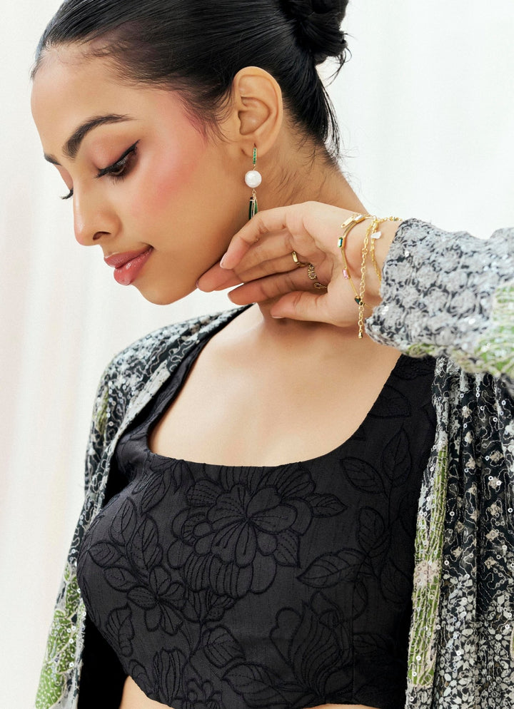Black Printed Crepe Sharara Set With Jacket Redpine - Fabilicious Fashion