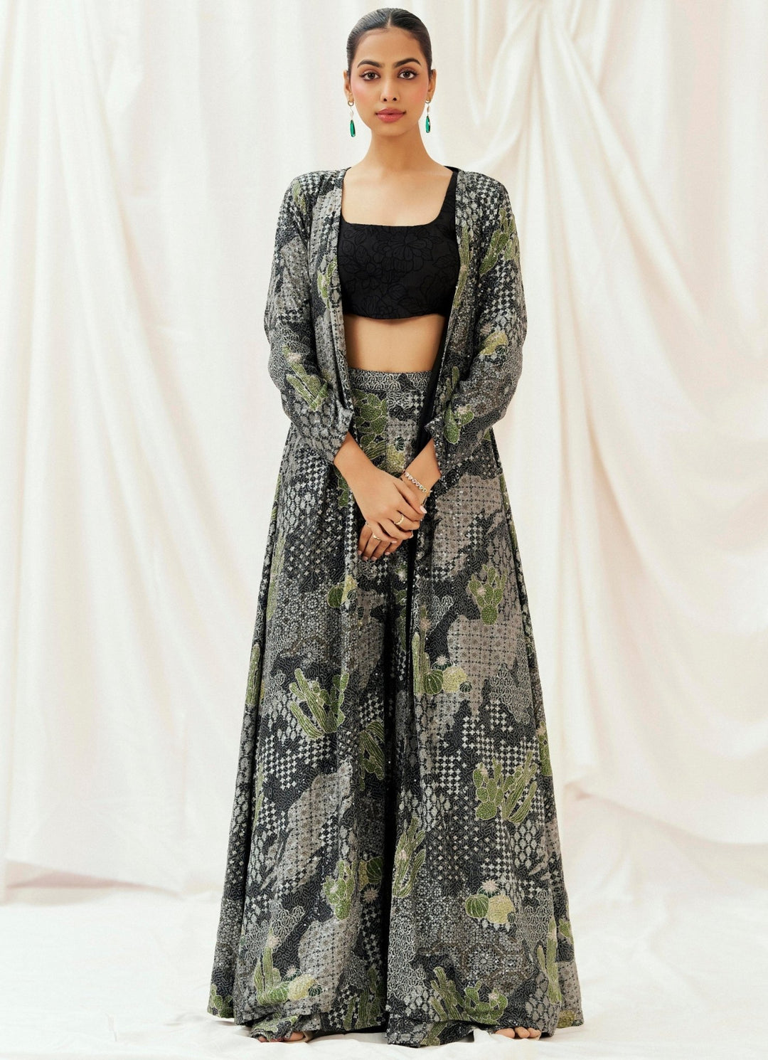 Black Printed Crepe Sharara Set With Jacket Redpine - Fabilicious Fashion