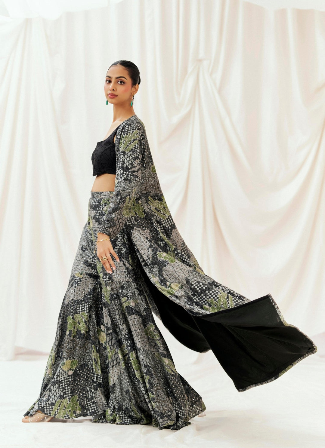 Black Printed Crepe Sharara Set With Jacket Redpine - Fabilicious Fashion