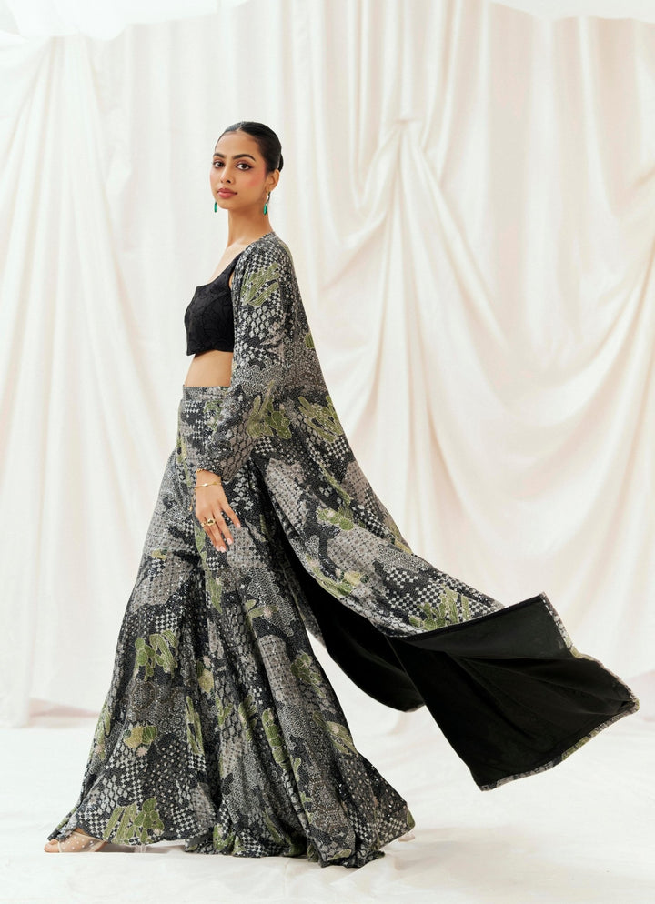 Black Printed Crepe Sharara Set With Jacket Redpine - Fabilicious Fashion
