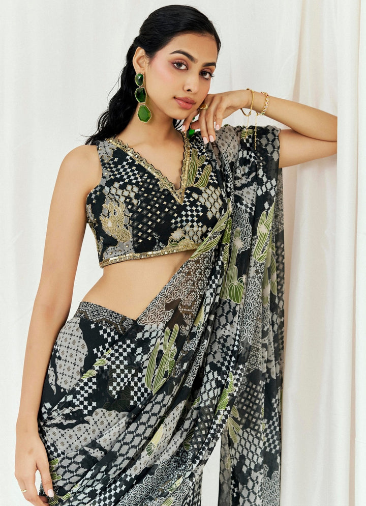 Black Printed Georgette Predraped Saree Redpine - Fabilicious Fashion