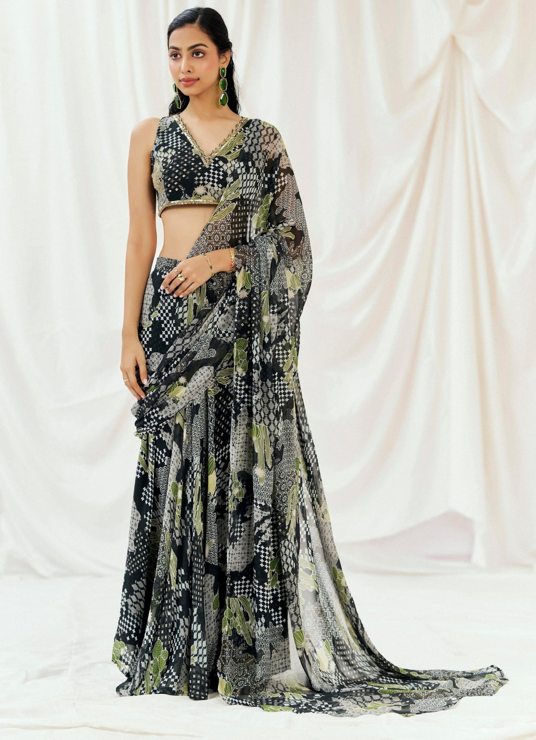 Black Printed Georgette Predraped Saree Redpine - Fabilicious Fashion