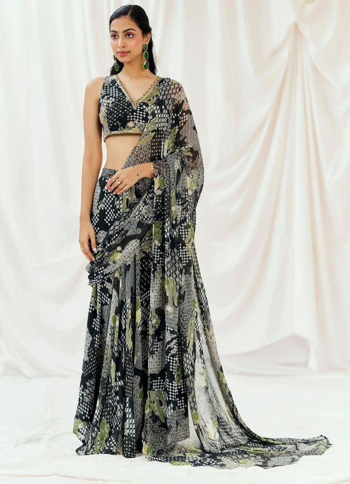 Black Printed Georgette Predraped Saree Redpine - Fabilicious Fashion