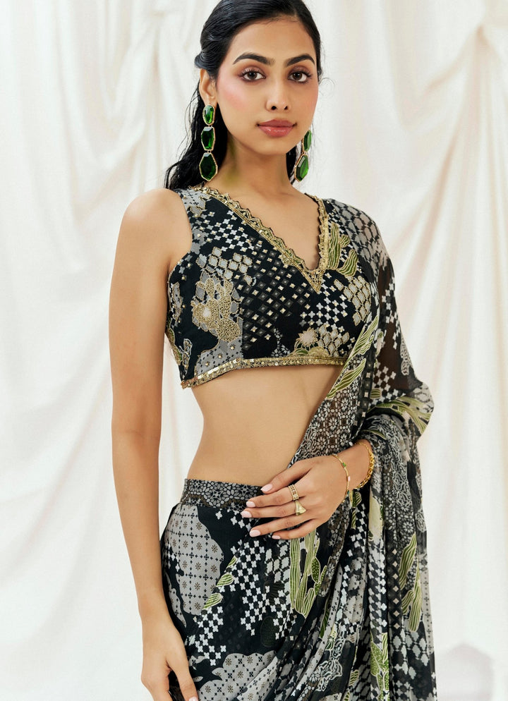 Black Printed Georgette Predraped Saree Redpine - Fabilicious Fashion