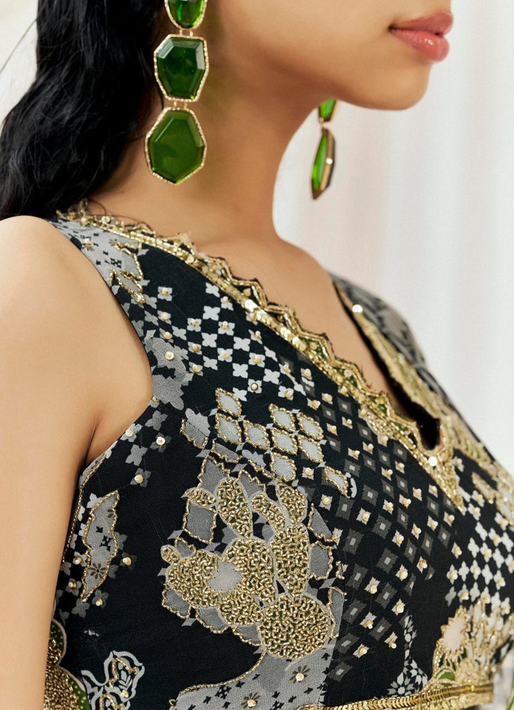 Black Printed Georgette Predraped Saree Redpine - Fabilicious Fashion