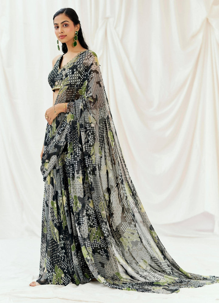 Black Printed Georgette Predraped Saree Redpine - Fabilicious Fashion