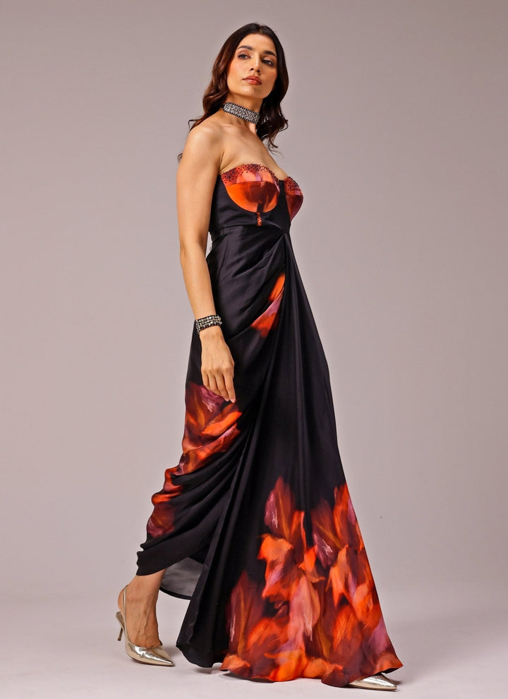 Studio Surbhi Black Printed Georgette Satin Bustier GownFabilicious Fashion