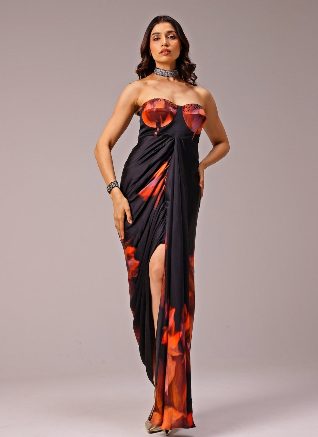 Studio Surbhi Black Printed Georgette Satin Bustier GownFabilicious Fashion