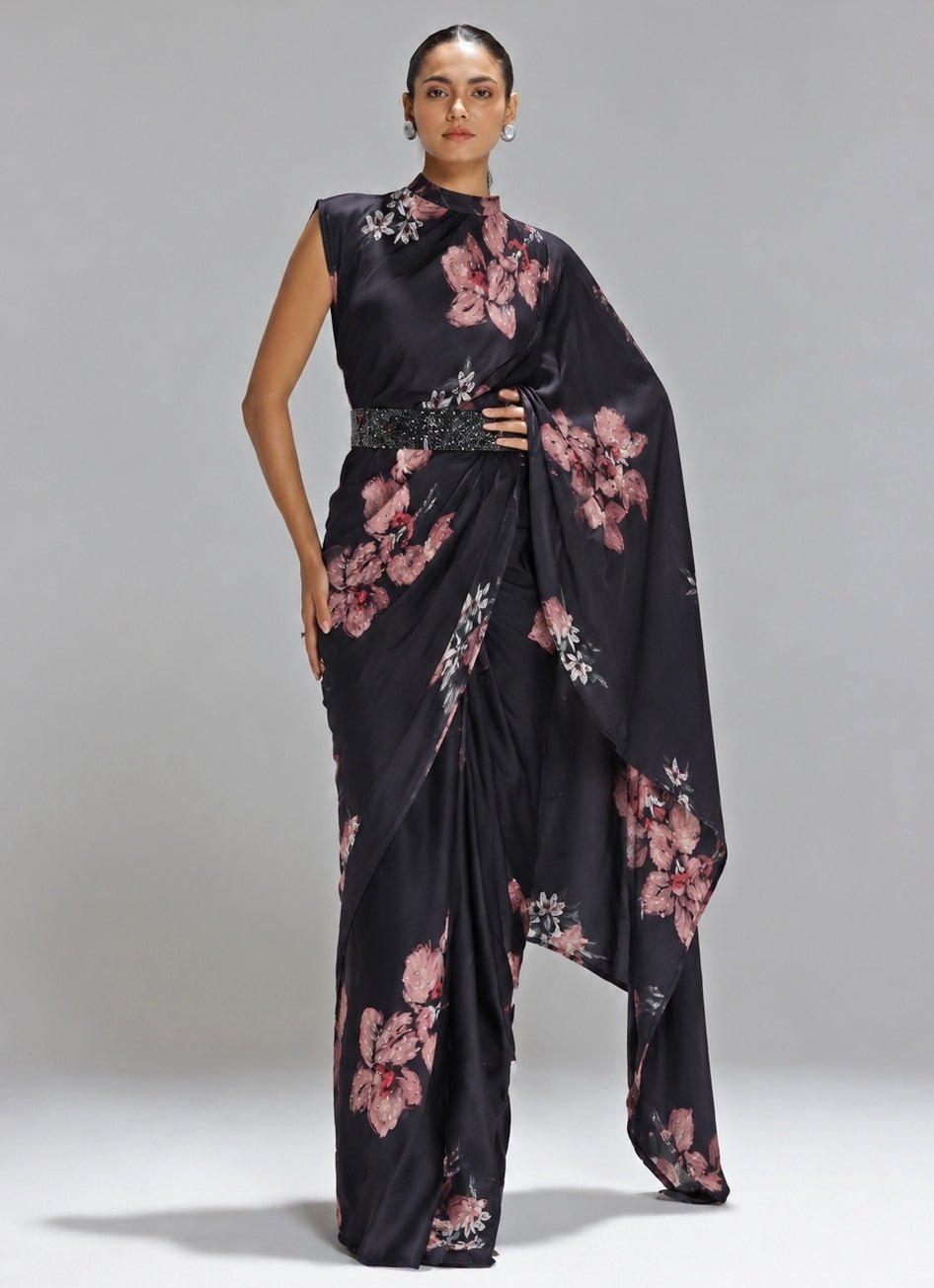 Studio Surbhi Black Printed Georgette Satin Collar Pallu Pre-Draped SareeFabilicious Fashion