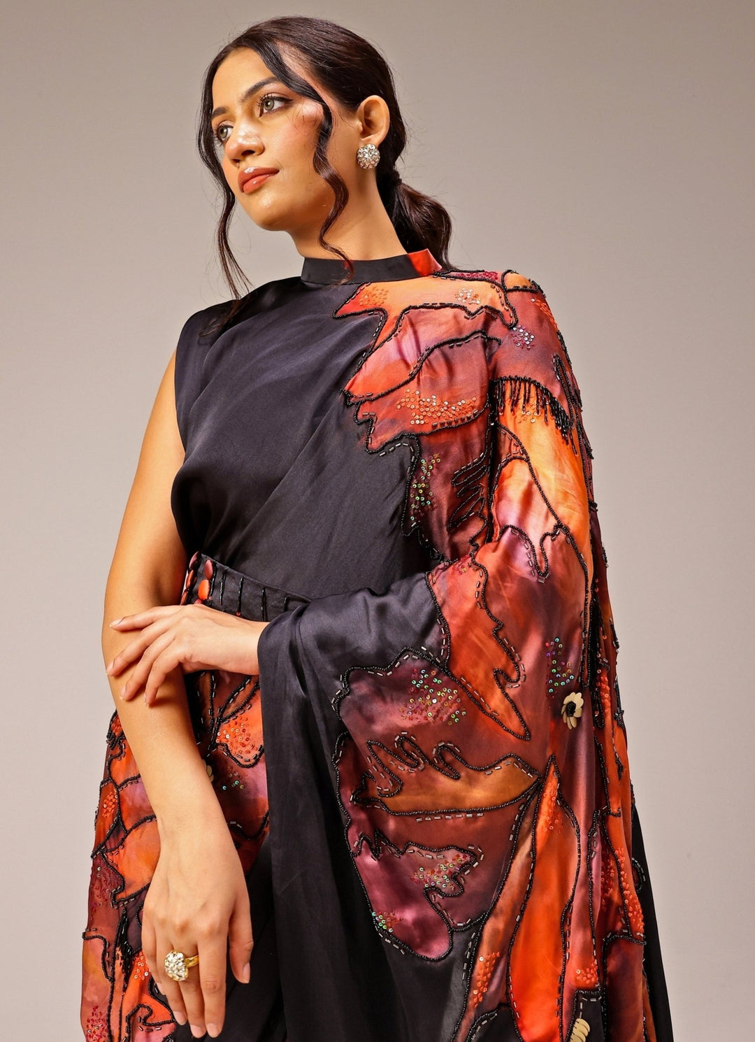 Studio Surbhi Black Printed Georgette Satin Pre-Draped SareeFabilicious Fashion