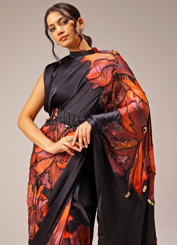 Studio Surbhi Black Printed Georgette Satin Pre-Draped SareeFabilicious Fashion