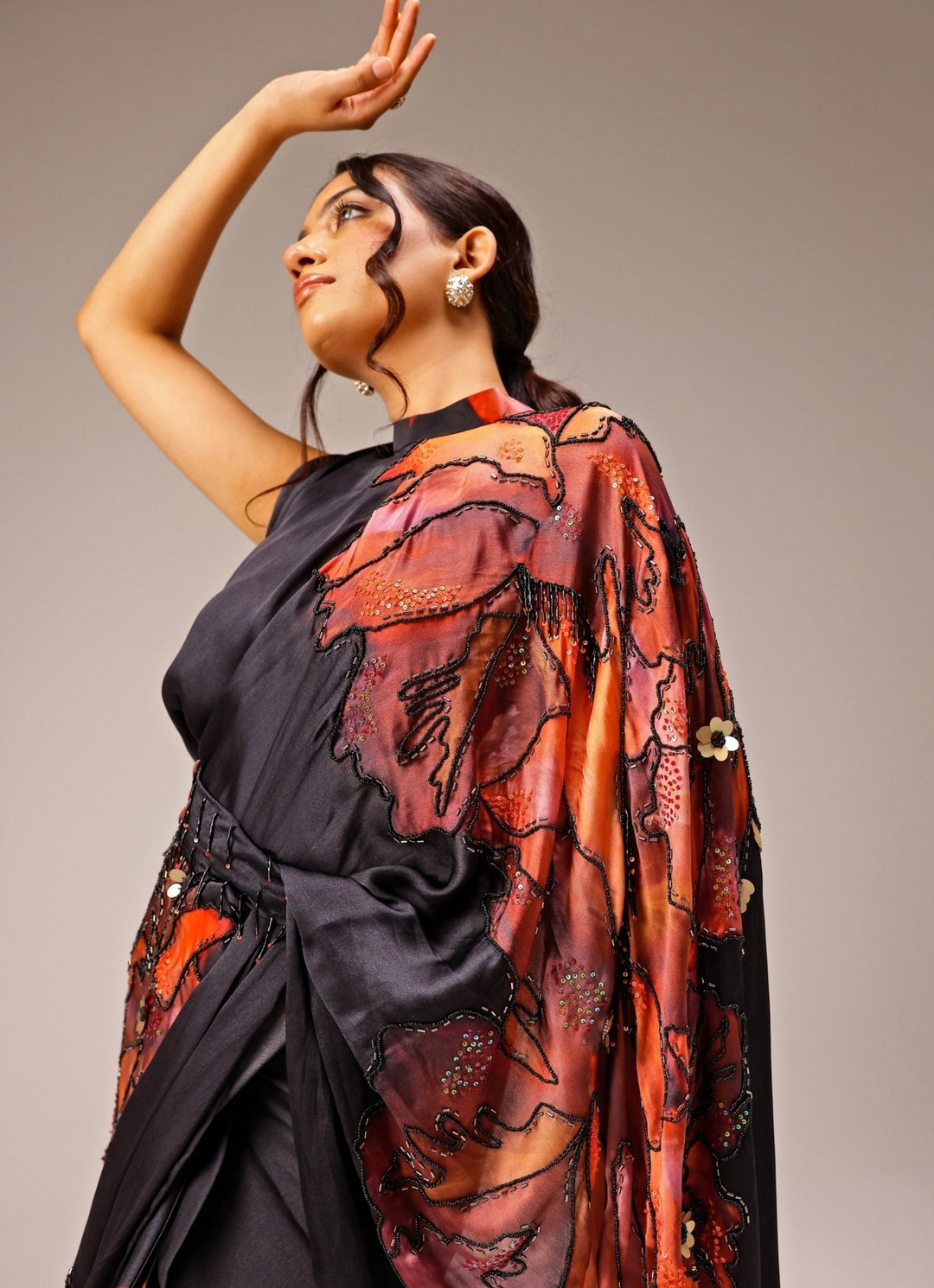 Studio Surbhi Black Printed Georgette Satin Pre-Draped SareeFabilicious Fashion