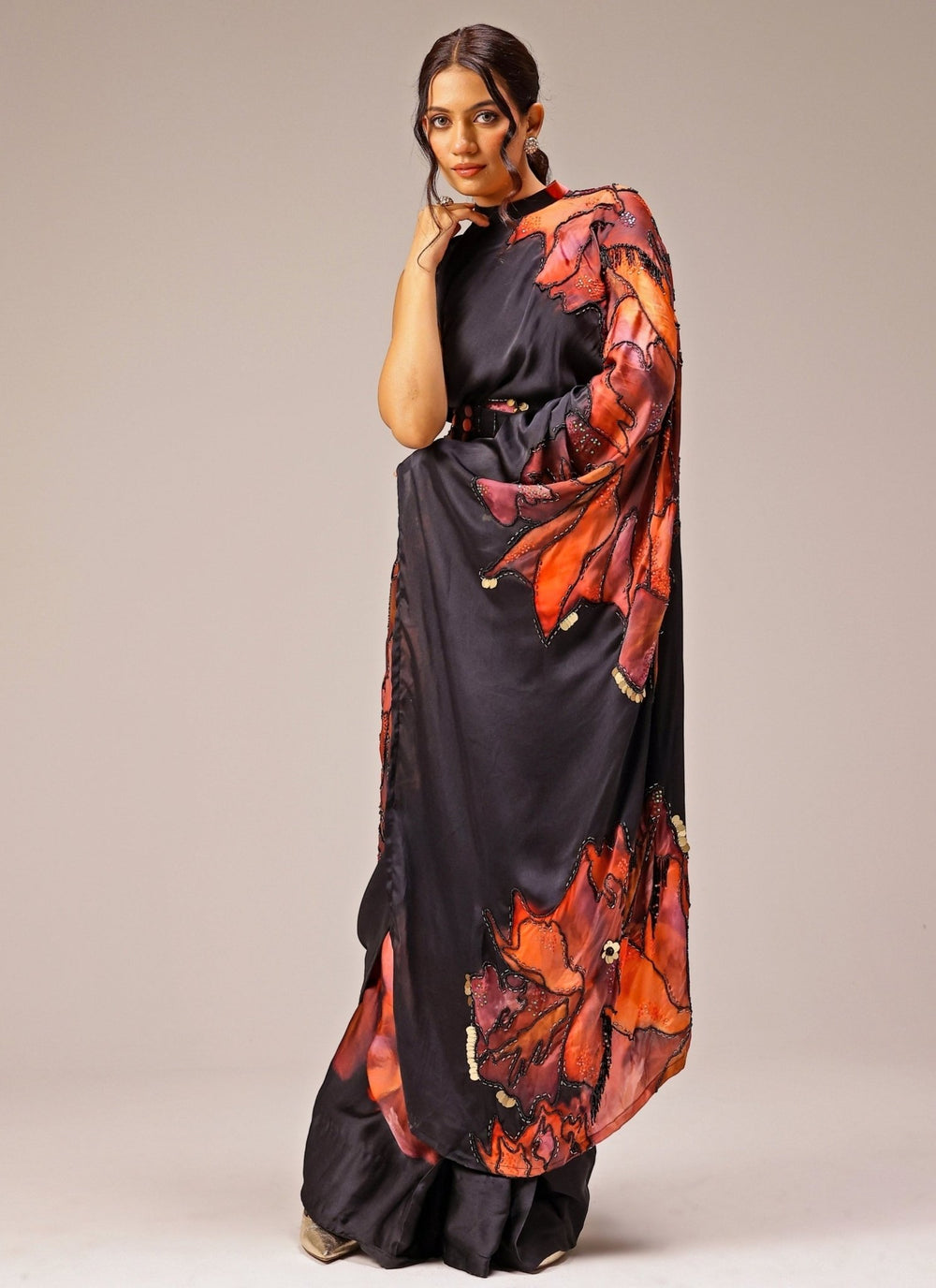 Studio Surbhi Black Printed Georgette Satin Pre-Draped SareeFabilicious Fashion