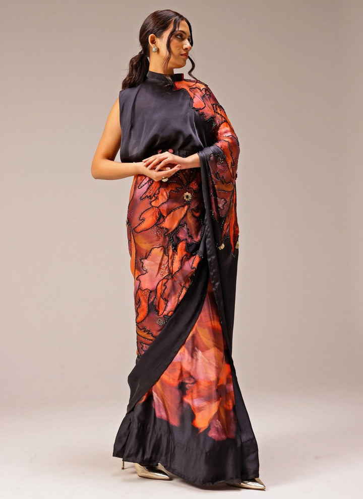 Studio Surbhi Black Printed Georgette Satin Pre-Draped SareeFabilicious Fashion