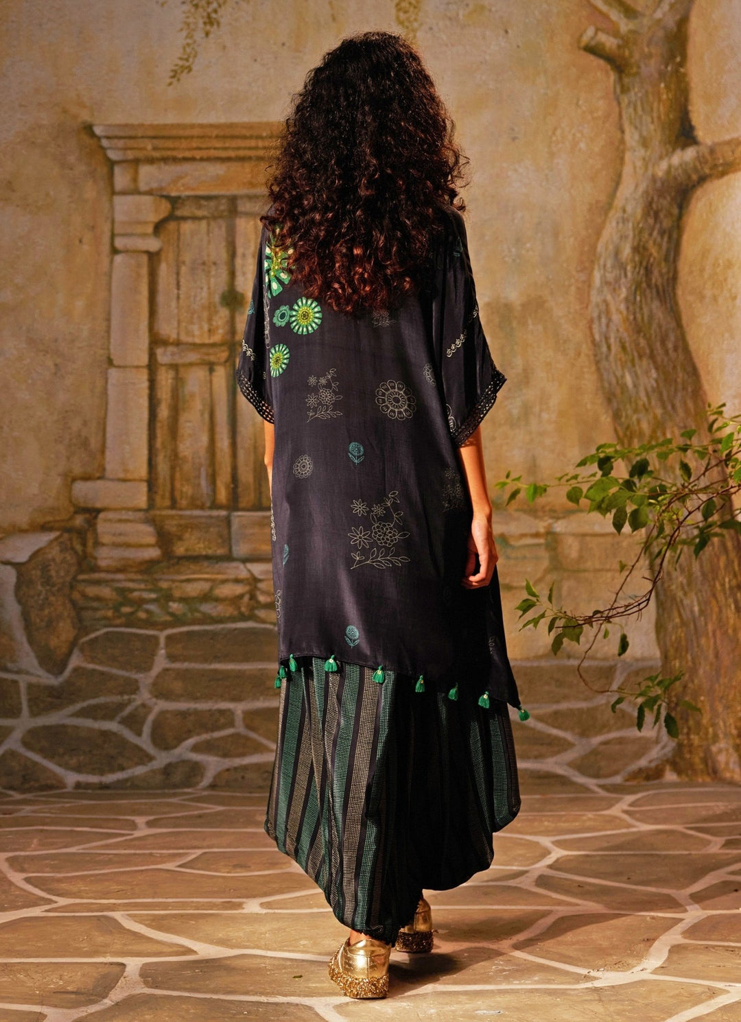 Black Printed High - Low Kurta Palazzo Set Basil Leaf - Fabilicious Fashion