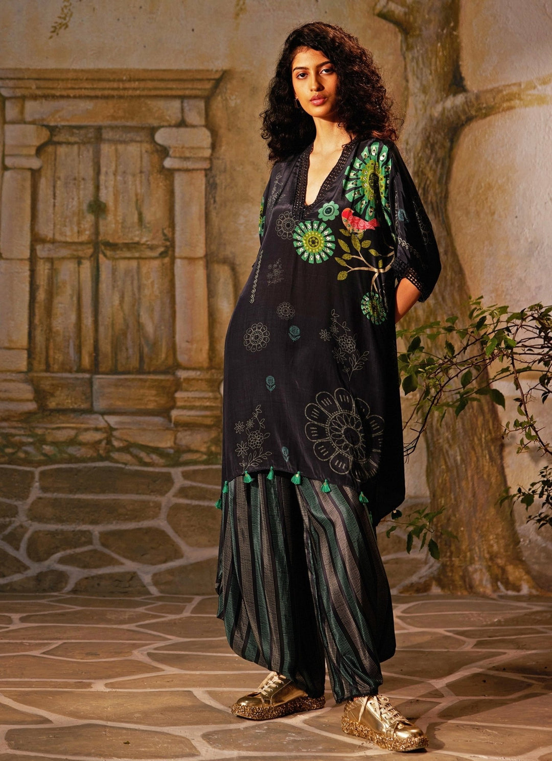 Black Printed High - Low Kurta Palazzo Set Basil Leaf - Fabilicious Fashion