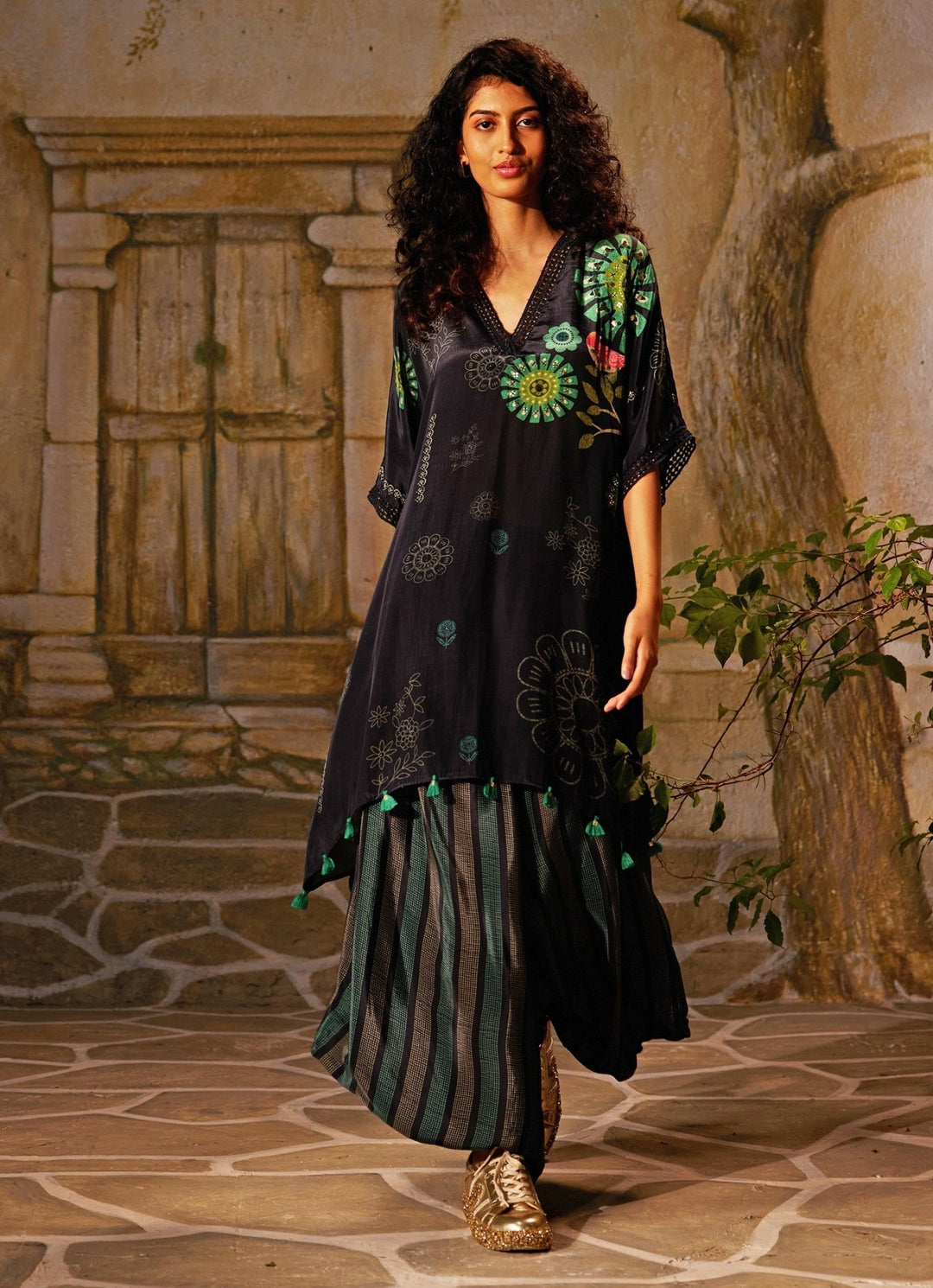 Black Printed High - Low Kurta Palazzo Set Basil Leaf - Fabilicious Fashion