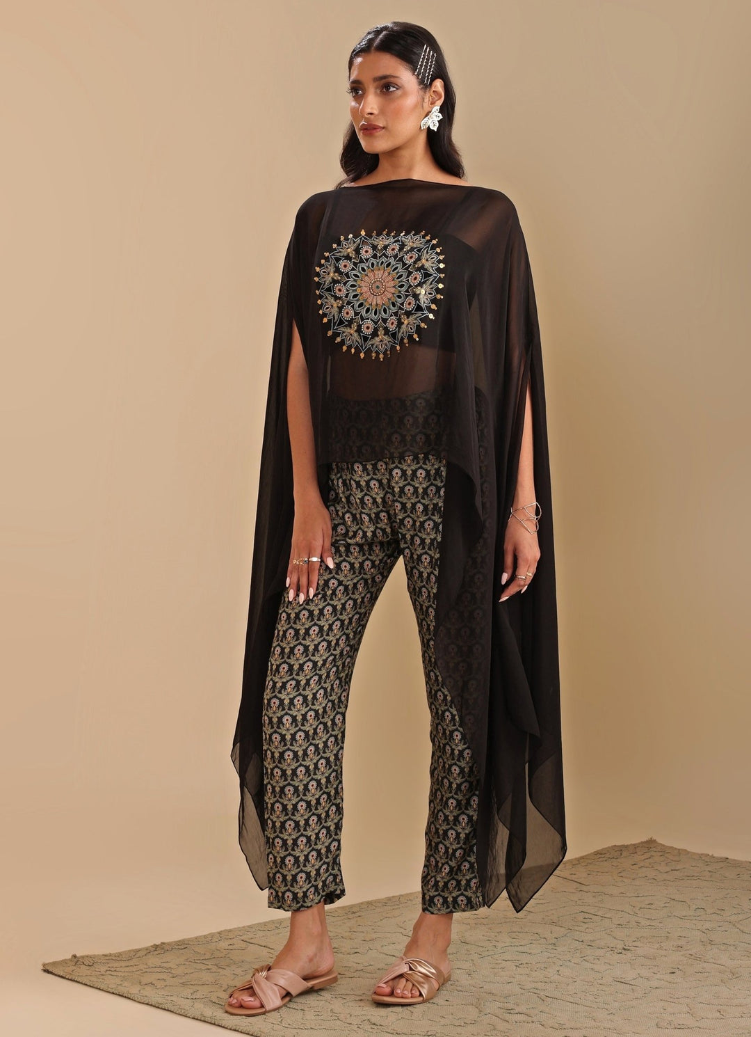 Black Printed Jumpsuit With Asymmetric Cape Soup By Sougat Paul - Fabilicious Fashion