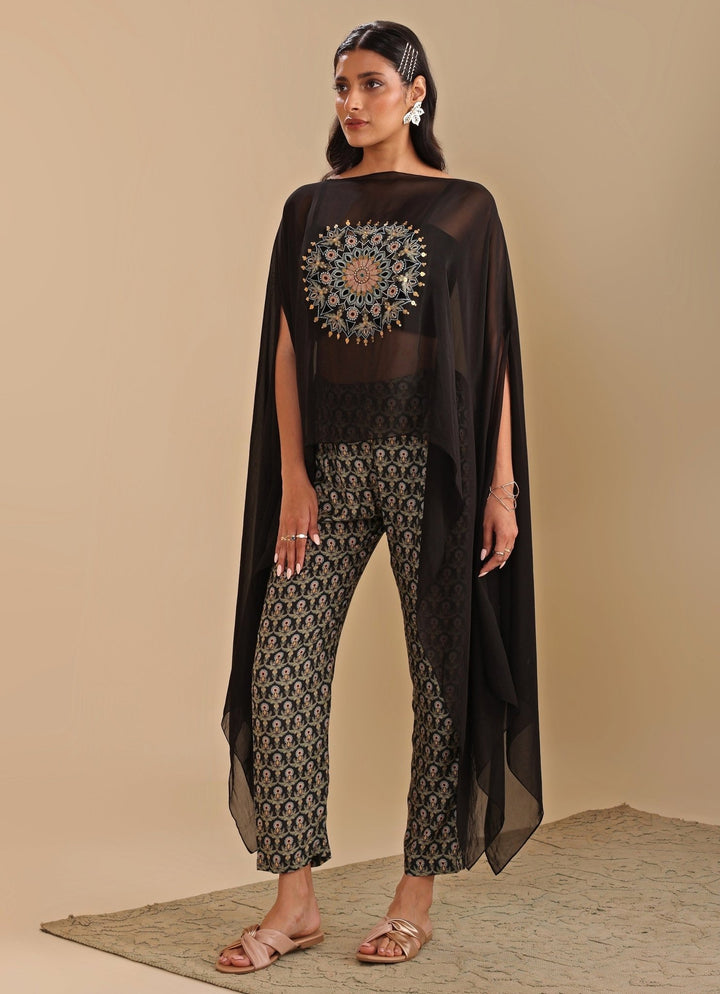 Black Printed Jumpsuit With Asymmetric Cape Soup By Sougat Paul - Fabilicious Fashion