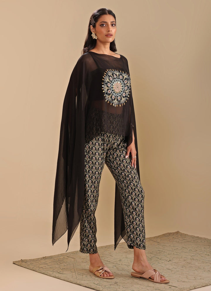 Black Printed Jumpsuit With Asymmetric Cape Soup By Sougat Paul - Fabilicious Fashion
