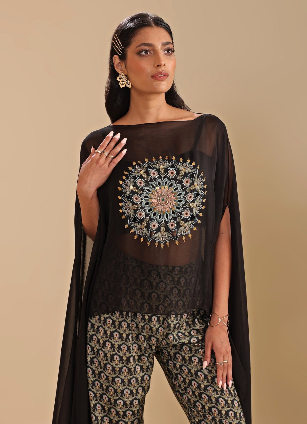 Black Printed Jumpsuit With Asymmetric Cape Soup By Sougat Paul - Fabilicious Fashion
