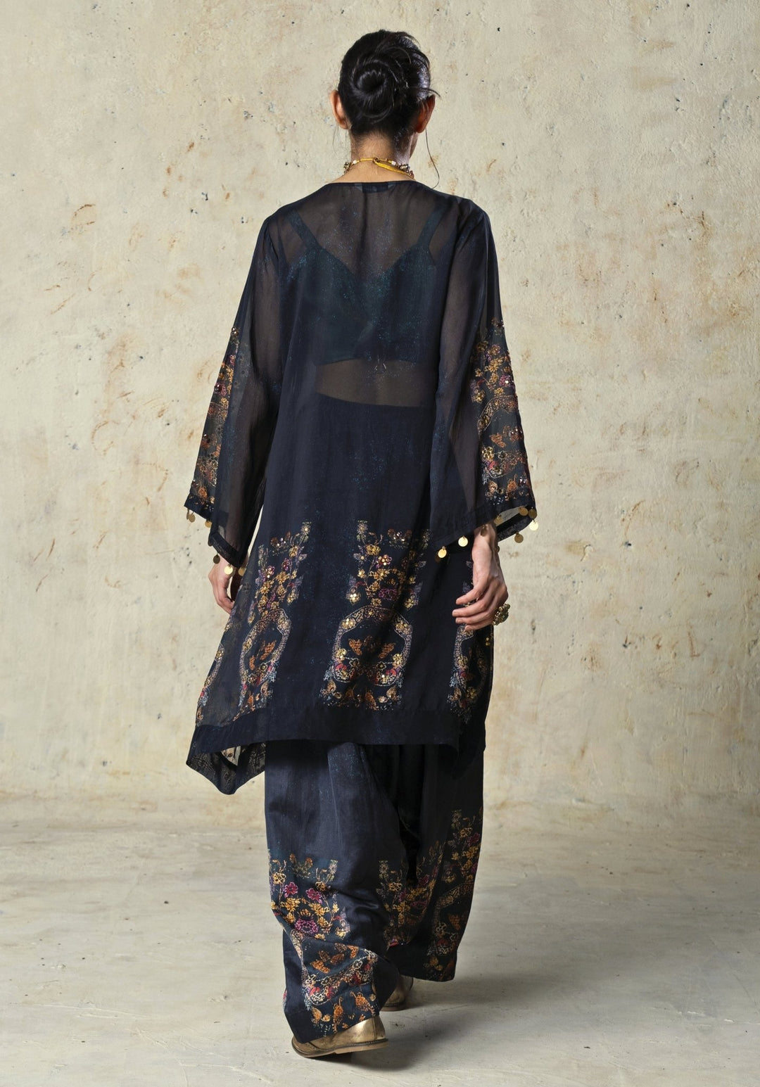 Basil Leaf Black Printed Linen Satin Kurta Sharara SetFabilicious Fashion