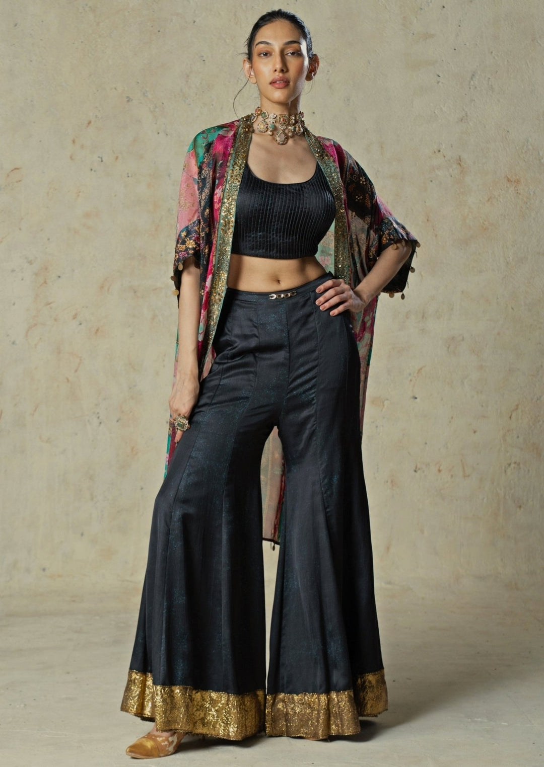 Basil Leaf Black Printed Organza Blouse Sharara SetFabilicious Fashion