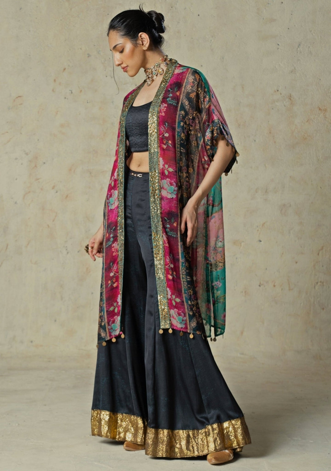 Basil Leaf Black Printed Organza Blouse Sharara SetFabilicious Fashion