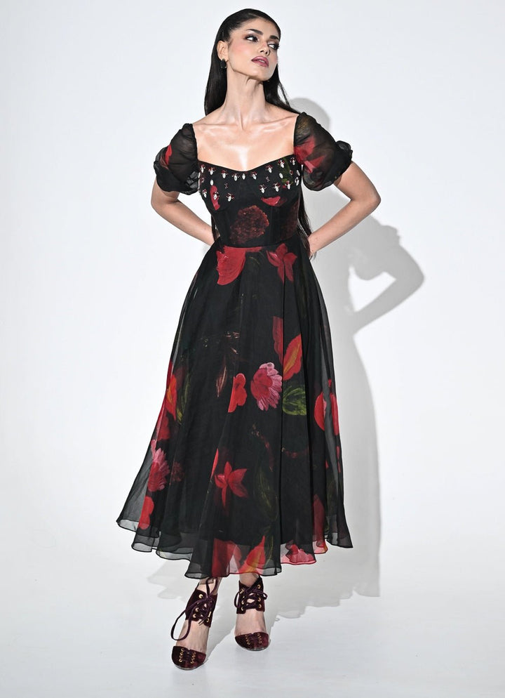 Juhi Bengani Black Printed Organza Corset Midi DressFabilicious Fashion