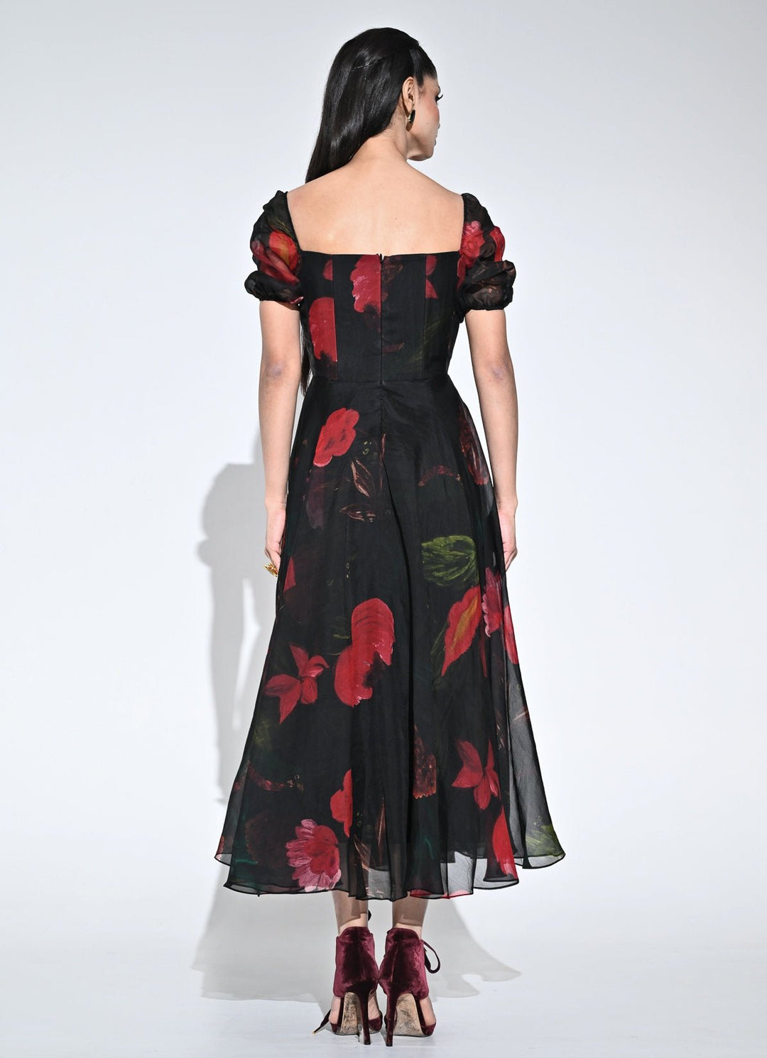 Juhi Bengani Black Printed Organza Corset Midi DressFabilicious Fashion