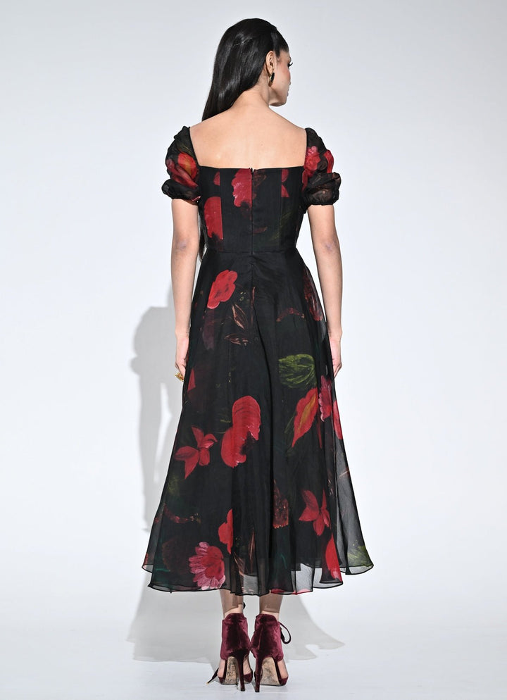 Juhi Bengani Black Printed Organza Corset Midi DressFabilicious Fashion